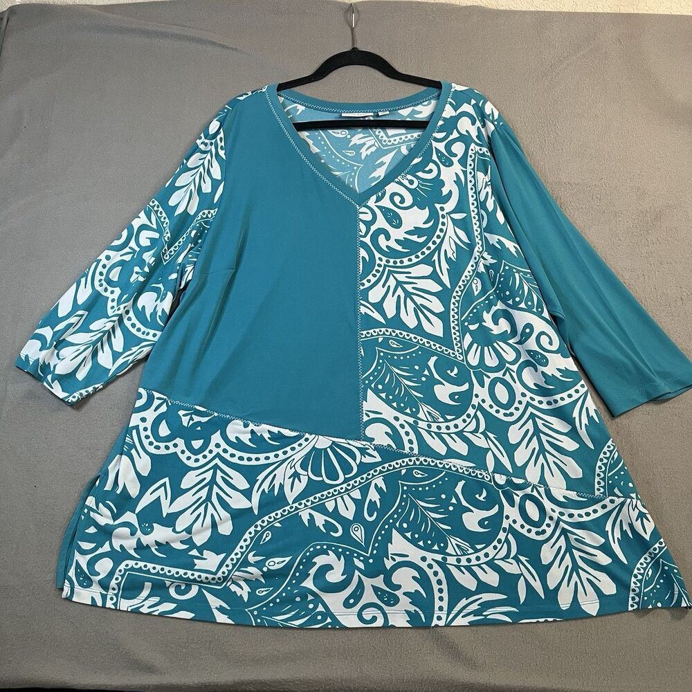 Susan Graver Teal Blue White Floral 3/4 Sleeve Flowy Tunic Top Womens Size 3X